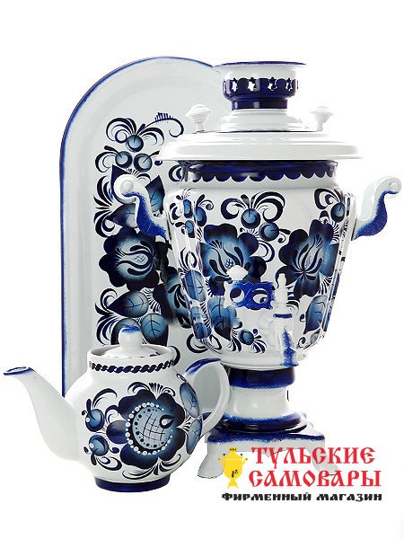 Набор самовар электрический 3 литра с художественной росписью "Гжель", арт. 130309 фото 1 — Samovars.ru